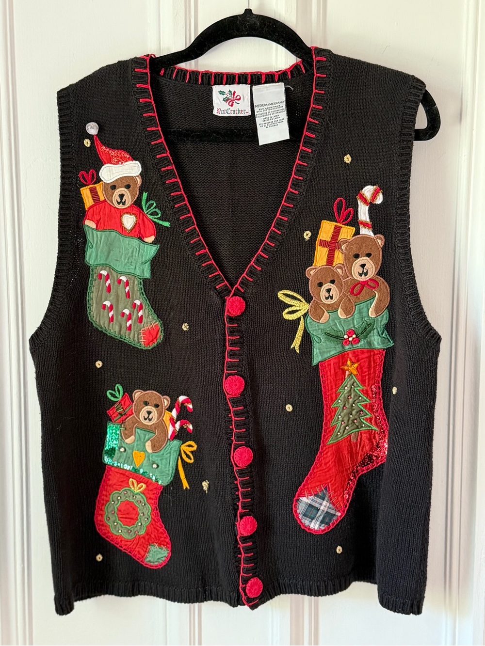 Vintage 90’s Nutcracker Christmas Vest Embroidered Teddy Bear/Christmas Stocking